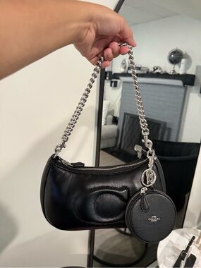 Coach Black Quilted Leather Shoulder Bag with Chain Handle and Coin Pouch